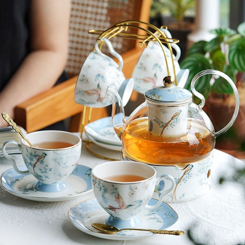 English British Tea Set Glass Fruit Teapot Bone China Coffee Cup