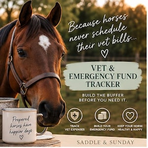 Peut inclure: Un cheval brun avec une marque blanche sur le front portant un licol en cuir brun à côté d'une tasse en céramique blanche avec le texte Prepered horses have happier days. L'image inclut du texte sur un suivi de fonds d'urgence vétérinaire.
