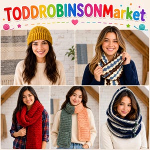 Puede incluir: Una colección de cinco accesorios de ganchillo que incluye un gorro acanalado color amarillo mostaza, una bufanda a rayas azules y blancas, una bufanda roja texturizada, una bufanda bicolor verde y melocotón con bolsillos y una capucha a rayas.