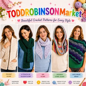 Puede incluir: Un gráfico promocional de TODDROBINSONMarket que muestra cinco artículos de ganchillo: una bufanda color crema con bolsillos, una bufanda verde oscuro texturizada, una bufanda lila, una capucha multicolor y un chal de encaje morado y verde.