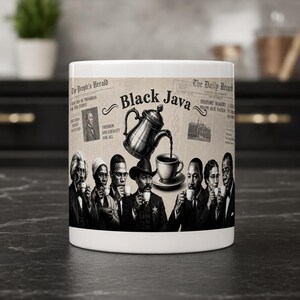 Black Java coffee vintage illustration Mug | retro newspaper design