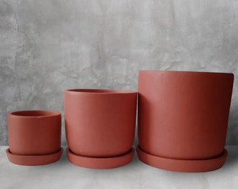 Unglazed Clay Pots with Saucer, Clay Pots, Terracotta Pots with Tray, Earthen Planter, Handmade Cylinder Pots, Terra cotta Planter, Pottery