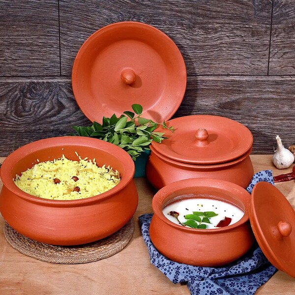 Unglazed Handi Set, Traditional Clay Pot with lid, Cooking Utensils for Authentic Indian Cuisine, Pot for Curries, Stews, Soups, Curd Pot