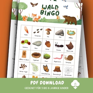 Op de afbeelding: Een afdrukbaar Wald Bingo-spel met illustraties van bos-elementen zoals een paddenstoel, eikel en worm. Het spel bevat de tekst "WALD BINGO" en "PDF DOWNLOAD". Geschikt voor kinderen van 5 tot 11 jaar.
