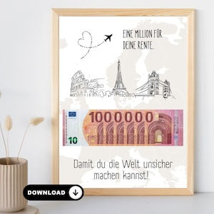 Pension de don en espèces premier million | Carte du monde des cadeaux de retraite | Modèle imprimable | Cadeau d'adieu pour un collègue retraité