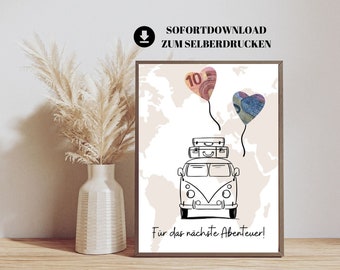 Cash gift holiday fund VW Bulli | Gift for campers & globetrotters | Travel fund wedding, Christmas | Instant download
