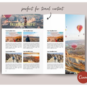 Puede incluir: Una doble p&aacute;gina de una revista de viajes con un titular que dice "Headline here". La revista presenta fotos de globos aerost&aacute;ticos sobre un paisaje de formaciones rocosas. El texto "Your Headline here" aparece sobre cada foto.