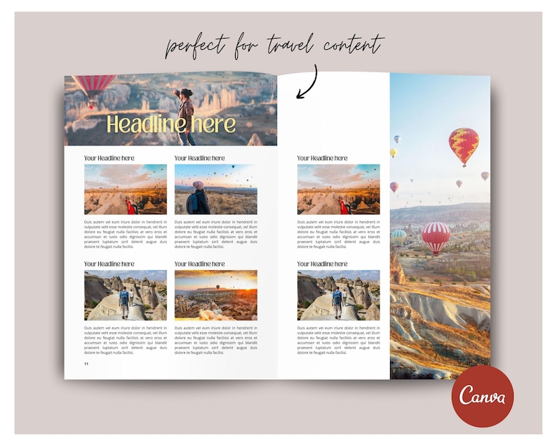 Puede incluir: Una doble p&aacute;gina de una revista de viajes con un titular que dice "Headline here". La revista presenta fotos de globos aerost&aacute;ticos sobre un paisaje de formaciones rocosas. El texto "Your Headline here" aparece sobre cada foto.