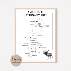 Affiche de la Suède | Parcs nationaux de Suède | Carte illustrée de la Suède | téléchargement numérique