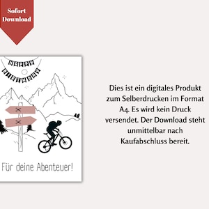 May include: A black and white printable birthday card featuring a mountain landscape with a cyclist riding a mountain bike. The card includes the text "Happy Birthday" and "For your adventures!" and a sign with scissors on it.