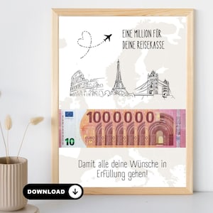 Geldgeschenk Reisekasse Wunscherfüller | erste Million | Geldgeschenk Weltkarte | Geldgeschenk Weltreise Vorlage zum Ausdrucken
