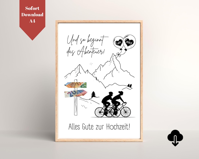 May include: A black and white illustration of a couple riding bicycles up a mountain road. The text "Und so beginnt das Abenteuer!" is at the top of the image. The text "Alles Gute zur Hochzeit!" is at the bottom of the image.