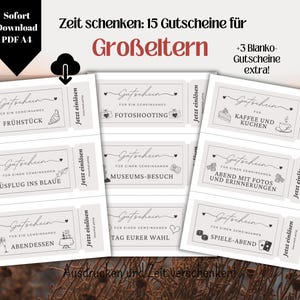 May include: Printable gift voucher template for grandparents. The template includes 15 vouchers for various activities, such as breakfast, a museum visit, and a game night. The vouchers are designed with a simple, elegant style and feature a black and white color scheme.