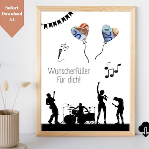 Könnte beinhalten: Ein druckbarer Poster mit einer schwarz-weißen Silhouette einer Band, die Musik spielt. Das Poster hat den Text "Wunscherrfüller für dich!" und zwei Herzen gefüllt mit Geld.