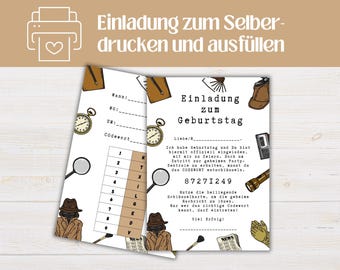 Printable children's birthday party invitation card with puzzles (PDF download) | Detective party invitation | Treasure hunt children's birthday party invitation