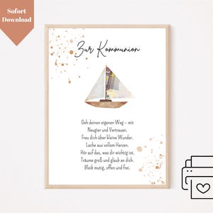 Geldgeschenk Kommunion Jungen und Mädchen Download PDF A4 | Geldgeschenk Kommunion Spruch Boot | Vorlage für Bilderrahmen