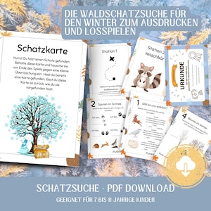 Op de afbeelding: Een verzameling afdrukbare schatkaarten met winterthema. De kaarten bevatten illustraties van een wasbeer, voetafdrukken en een besneeuwde boom. Tekst bevat "Schatzkarte" en "PDF Download".