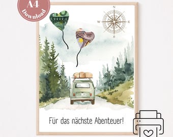 May include: Watercolor print of a green van driving on a road through a forest, with two heart-shaped balloons. A compass rose is in the upper right corner. The text "Für das nächste Abenteuer!" is at the bottom. A pink circle with text is in the upper left corner.