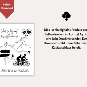 May include: Black and white illustration of a couple riding bicycles up a mountain road. The text "Und so beginnt das Abenteuer!" is at the top of the image. The text "Alles Gute zur Hochzeit!" is at the bottom of the image.