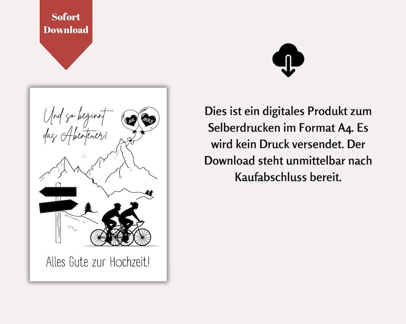 May include: Black and white illustration of a couple riding bicycles up a mountain road. The text "Und so beginnt das Abenteuer!" is at the top of the image. The text "Alles Gute zur Hochzeit!" is at the bottom of the image.