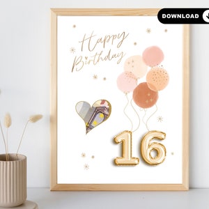 16歳の誕生日の女の子へのお金の贈り物 | DIY マネーギフト Sweet 16 |自分で印刷するためのテンプレート | PDF