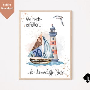 Geldgeschenk Nordsee Urlaub PDF A4 Vorlage | Geldgeschenk Ostsee Urlaub | Geldgeschenk Reise Meer zum Selberdrucken | Leuchtturm Segelboot