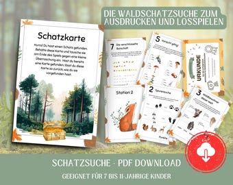 Forest treasure hunt for children to print in German | Outdoor scavenger hunt for children ages 7 and up | Ideal for children's birthdays | PDF game template