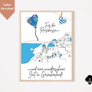 Presente em dinheiro Grécia viagem PDF A4 download | Fundo de viagem Grécia | Fundo de férias nas ilhas gregas Lua de mel Casamento