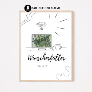 Könnte beinhalten: Ein weißer druckbarer Poster mit einer schwarzen Linienzeichnung eines Laptops mit einer Tasse Kaffee und dem Text "Wunscherschüller für dich!"
