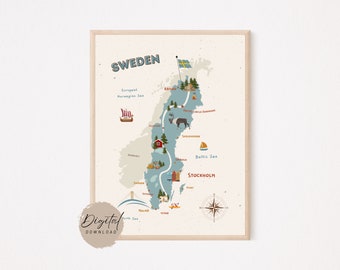 Schweden Poster| digitaler Download | Schweden illustrierte Karte | Sweden Map printable