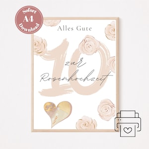 Cash gift for a rose wedding anniversary as a printable PDF A4 template | Rose wedding anniversary gift | 10-year wedding anniversary