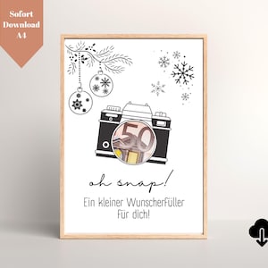 Regalo in contanti per macchina fotografica natalizia | Regalo per fotografi | Regalo di Natale per macchina fotografica | Modello stampabile PDF A4