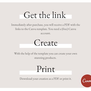 Puede incluir: Un fondo blanco con texto negro que explica c&oacute;mo usar una plantilla de Canva. El texto dice "Obtener el enlace", "Inmediatamente despu&eacute;s de la compra, recibir&aacute;s un PDF con los enlaces a la plantilla de Canva. Necesitas una cuenta de Canva (gratuita).", "Crear", "Con la ayuda de la plantilla, puedes crear tus propios productos impresionantes.", "Imprimir", "Descarga tu creaci&oacute;n como PDF o impr&iacute;mela.". El logotipo de Canva est&aacute; en la esquina inferior derecha.