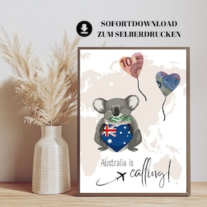 Australien Geldgeschenk zum Selberdrucken | Reisekasse Australien | Australien Abschiedsgeschenk | Urlaubskasse Work and Travel Australien