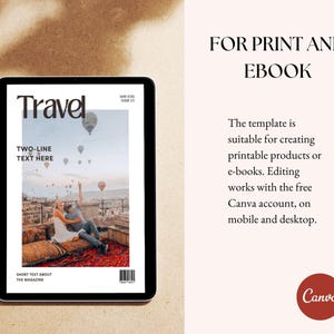 Puede incluir: Una plantilla de portada de revista digital con la palabra "Travel" en negrita, en negro. La portada presenta una pareja sentada en una azotea con globos aerost&aacute;ticos en el fondo. El texto "TWO-LINE TEXT HERE" est&aacute; en la esquina superior izquierda. El texto "SHORT TEXT ABOUT THE MAGAZINE" est&aacute; en la esquina inferior izquierda. La plantilla es adecuada para crear productos imprimibles o libros electr&oacute;nicos. La edici&oacute;n funciona con la cuenta gratuita de Canva, en dispositivos m&oacute;viles y de escritorio.