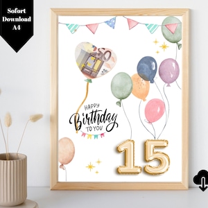 Geldgeschenk Mädchen 15 Jahre Geburtstag | DIY Geldgeschenk 15. Geburtstag | Vorlage zum Selberdrucken | PDF A4