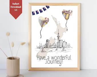 May include: A printable art print featuring a black and white illustration of the Auckland skyline with two hearts filled with money and the text "Have a wonderful Journey!"