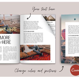 Puede incluir: Una maqueta de una doble p&aacute;gina de revista con una pareja en una azotea de fondo. El texto de la p&aacute;gina dice "Deadline Here", "Come More Text Here" y "A Little Breaker Here".