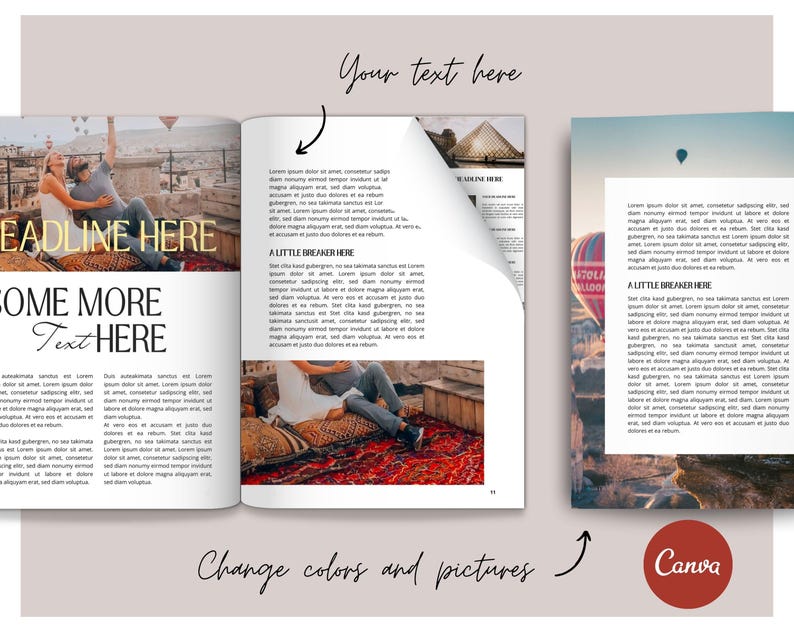 Puede incluir: Una maqueta de una doble p&aacute;gina de revista con una pareja en una azotea de fondo. El texto de la p&aacute;gina dice "Deadline Here", "Come More Text Here" y "A Little Breaker Here".
