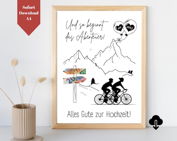 Geldgeschenk Hochzeit Fahrrad | Geldgeschenk Hochzeit für Fahrradfahrer schön verpacken | PDF A4 Sofortdownload