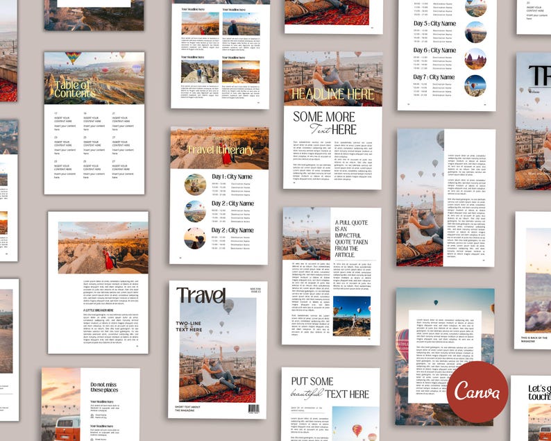 Puede incluir: Una maqueta de revista de viajes con fondo blanco y una variedad de im&aacute;genes y texto. La revista presenta un itinerario de viaje, una cita y un encabezado de texto de dos l&iacute;neas. La revista est&aacute; dise&ntilde;ada en un patr&oacute;n de cuadr&iacute;cula con una variedad de im&aacute;genes y texto.