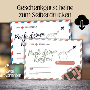 Puede incluir: Dos plantillas de certificados de regalo imprimibles para un vale de viaje. Las plantillas están diseñadas para parecerse a postales vintage con rayas rojas, blancas y azules. El texto en las plantillas dice "¡Haz las maletas!" y "¡Es hora de un viaje!"