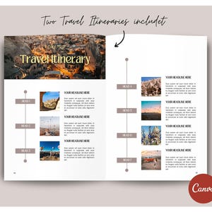 Puede incluir: Una plantilla de itinerario de viaje con una foto de un globo aerost&aacute;tico sobre una ciudad. La plantilla incluye una l&iacute;nea de tiempo con encabezados y espacio para texto. El texto "Two Travel Itineraries included" est&aacute; en la parte superior de la p&aacute;gina.