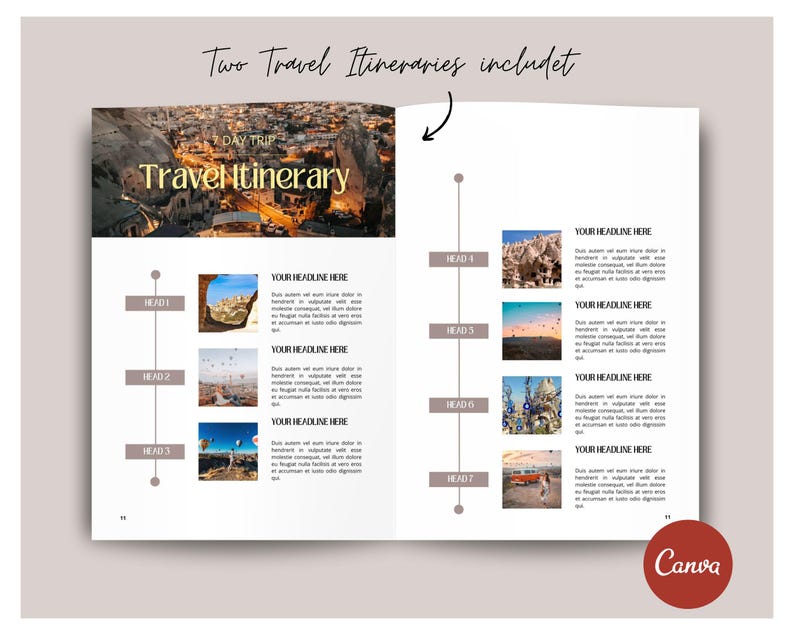Puede incluir: Una plantilla de itinerario de viaje con una foto de un globo aerost&aacute;tico sobre una ciudad. La plantilla incluye una l&iacute;nea de tiempo con encabezados y espacio para texto. El texto "Two Travel Itineraries included" est&aacute; en la parte superior de la p&aacute;gina.
