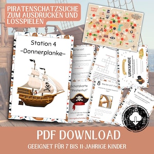 Puede incluir: Un conjunto de juegos y actividades imprimibles con temática pirata, que incluye un mapa del tesoro y un crucigrama. La imagen principal presenta una ilustración de un barco pirata y el texto "Station 4 - Donnerplanke-". Adecuado para niños de 7 a 11 años.