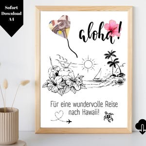 Prezent pieniężny Wycieczka na Hawaje do pobrania w formacie PDF / fundusz podróżny Miesiąc miodowy na Hawajach | Ślub w stylu hawajskim | Natychmiastowe pobieranie formatu A4 do tworzenia