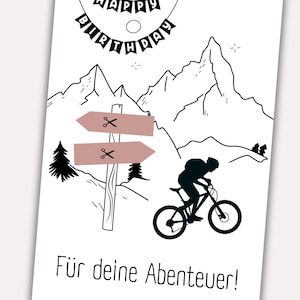 May include: A black and white illustration of a mountain landscape with a signpost pointing in two directions. The signpost has two pink arrows with scissors on them. A silhouette of a person riding a bicycle is in the foreground. The text "F&uuml;r deine Abenteuer!" is at the bottom of the image.
