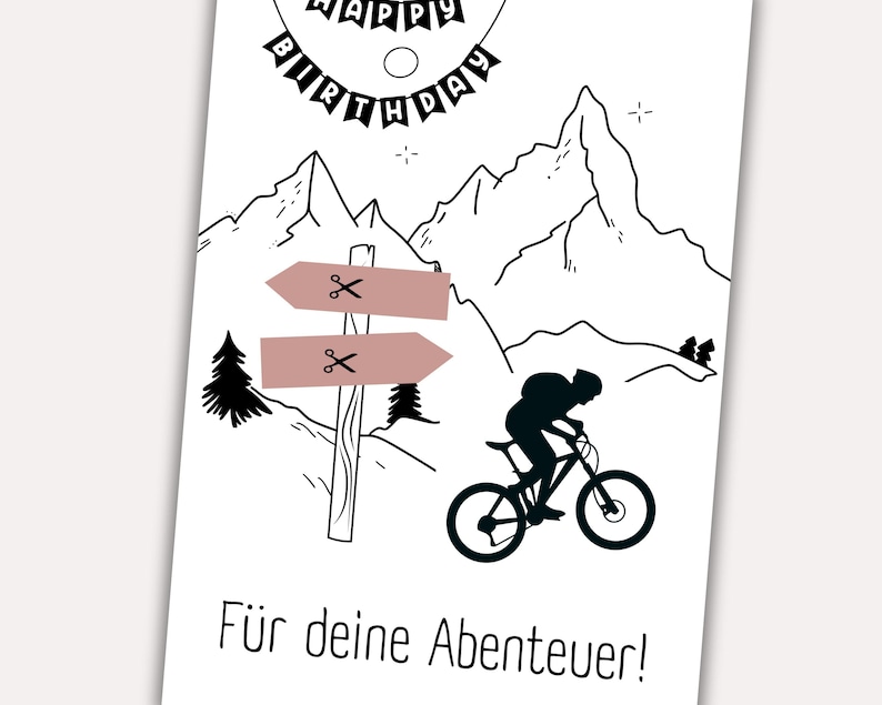 May include: A black and white illustration of a mountain landscape with a signpost pointing in two directions. The signpost has two pink arrows with scissors on them. A silhouette of a person riding a bicycle is in the foreground. The text "F&uuml;r deine Abenteuer!" is at the bottom of the image.