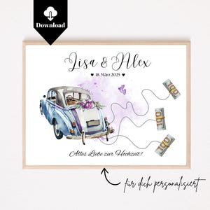 Personalized money gift wedding car cans | Watercolor vintage car | Wedding gift car with money | PDF download A4