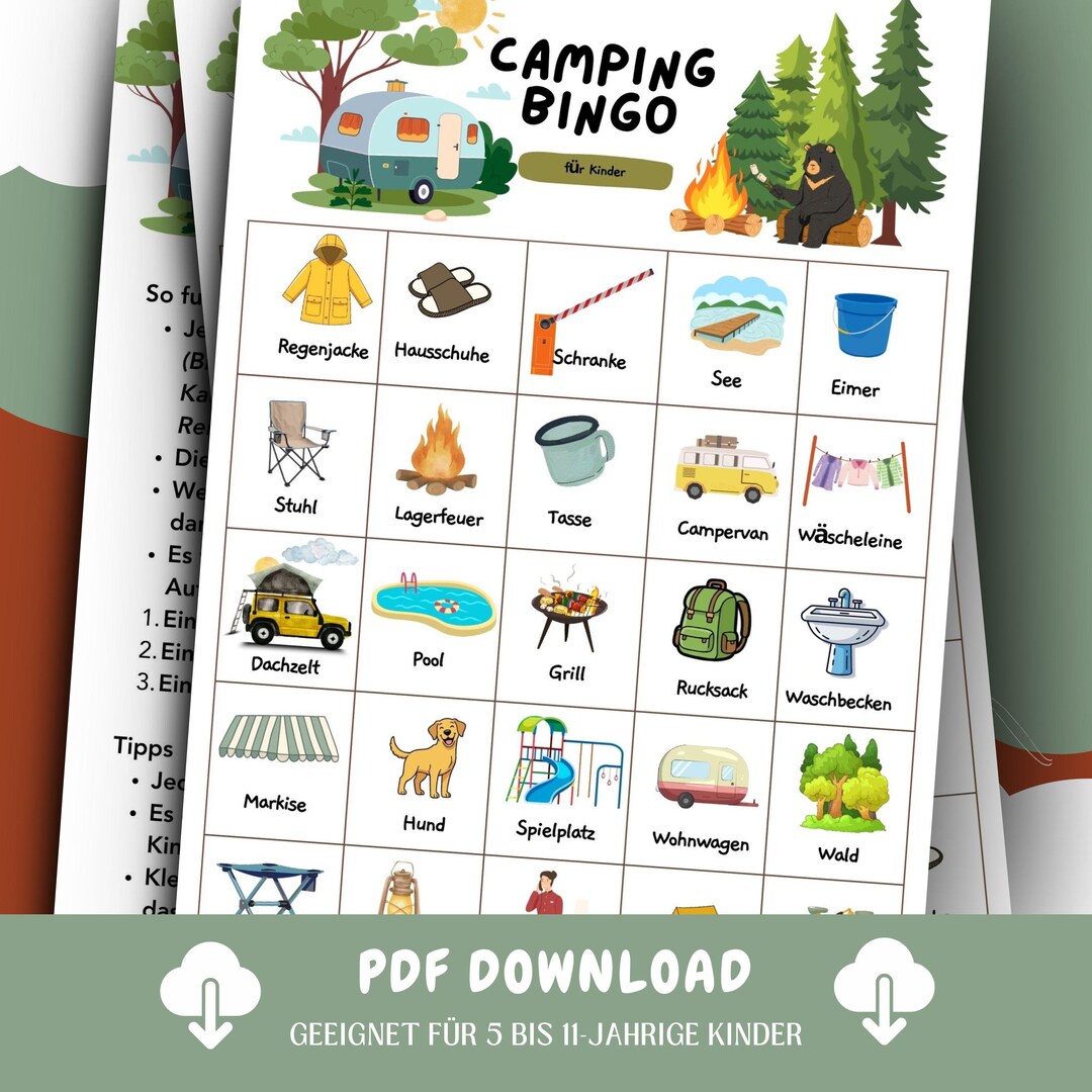 Camping Bingo for Kids - Printable PDF Download | Printable Travel Game ...